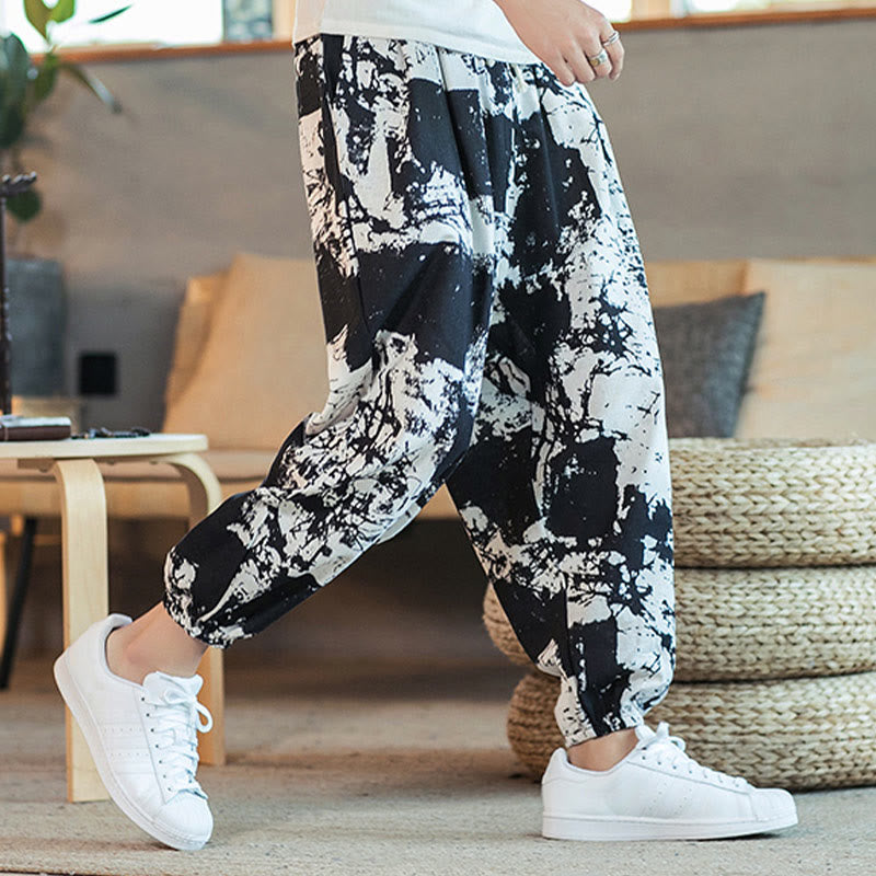 Buddha Stones Czarne Białe Atramentowe Wzory Bawełniane Lniane Ściągane Męskie Spodnie Harem Z Kieszeniami - image 6