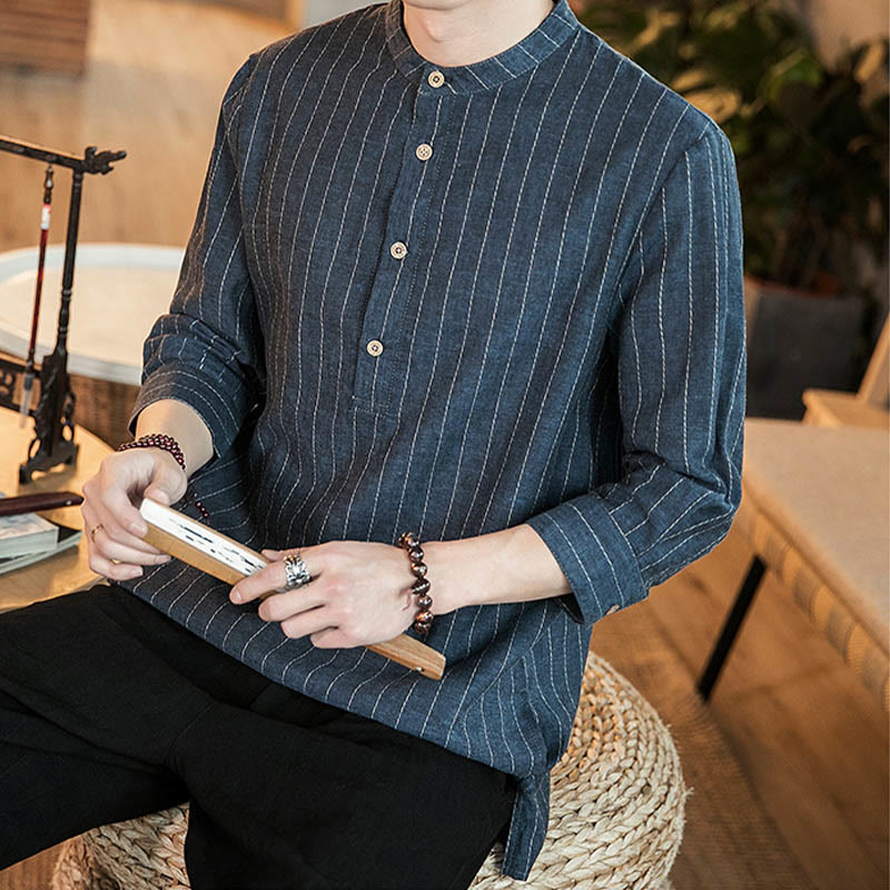 Koszula męska z lnu Buddha Stones Half Button w paski z rękawami Three Quarter - image 10