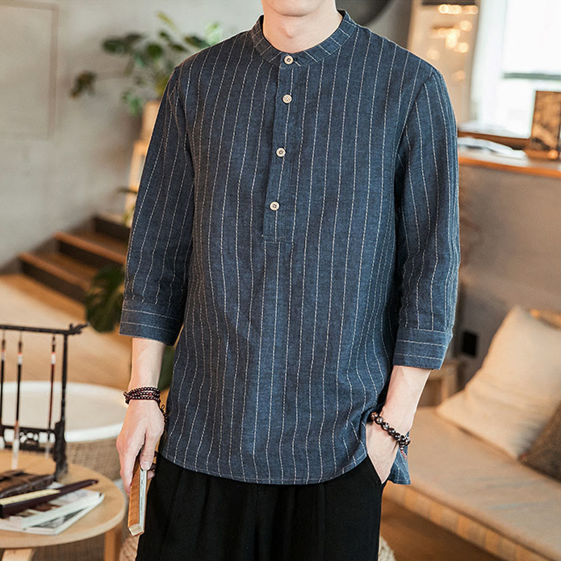 Koszula męska z lnu Buddha Stones Half Button w paski z rękawami Three Quarter - Ciemnoniebieski - US/UK/AU46， EU56 (5XL) - image 0