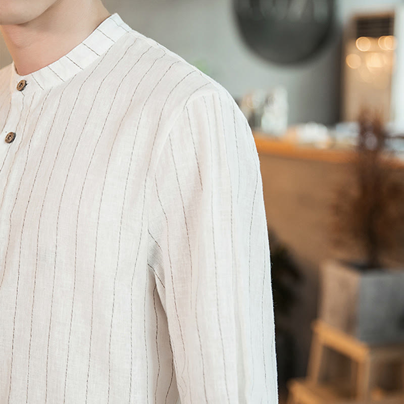 Koszula męska z lnu Buddha Stones Half Button w paski z rękawami Three Quarter - image 23