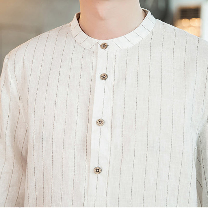 Koszula męska z lnu Buddha Stones Half Button w paski z rękawami Three Quarter - image 22