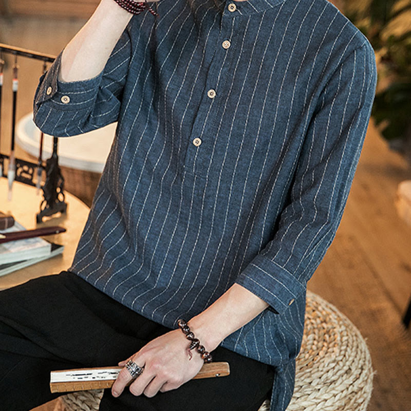 Koszula męska z lnu Buddha Stones Half Button w paski z rękawami Three Quarter - image 11