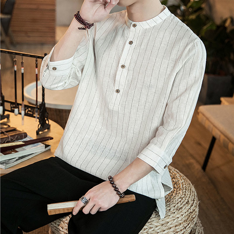 Koszula męska z lnu Buddha Stones Half Button w paski z rękawami Three Quarter - image 21