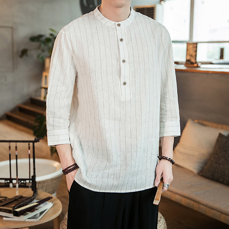 Koszula męska z lnu Buddha Stones Half Button w paski z rękawami Three Quarter - image 17