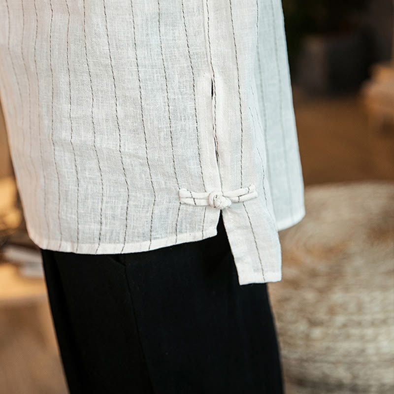 Koszula męska z lnu Buddha Stones Half Button w paski z rękawami Three Quarter - image 25