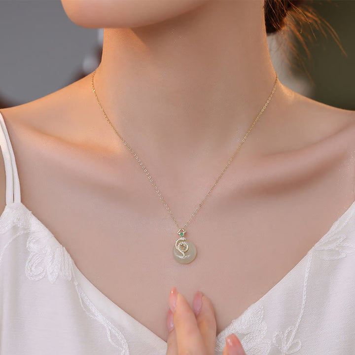 Buddha Stones 925 Srebro Sterlingowe Fu Charakter Hetian Jade Klamra Pokoju Rok Węża Naszyjnik Szczęście Wisiorek