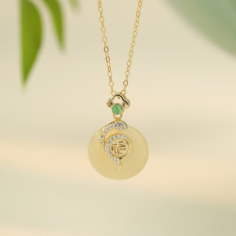 Buddha Stones 925 Srebro Sterlingowe Fu Charakter Hetian Jade Klamra Pokoju Rok Węża Naszyjnik Szczęście Wisiorek