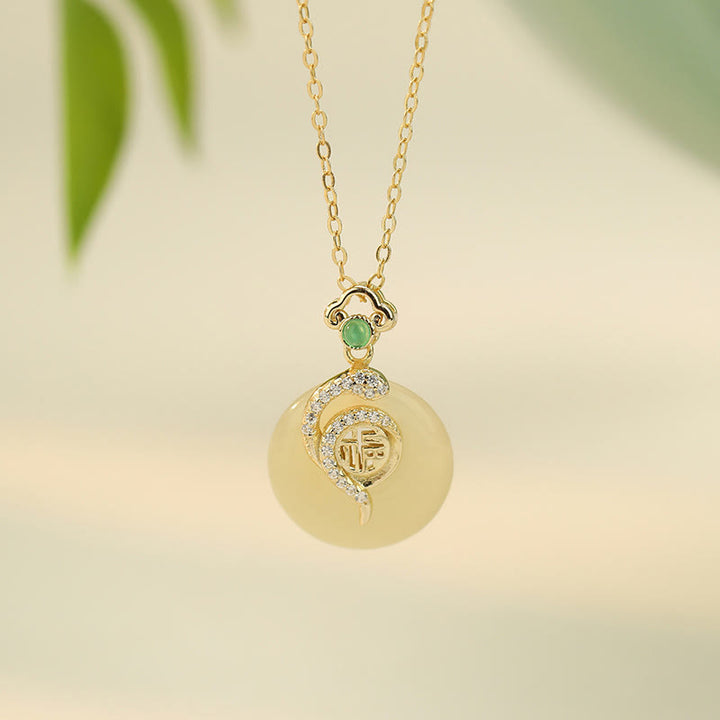Buddha Stones 925 Srebro Sterlingowe Fu Charakter Hetian Jade Klamra Pokoju Rok Węża Naszyjnik Szczęście Wisiorek