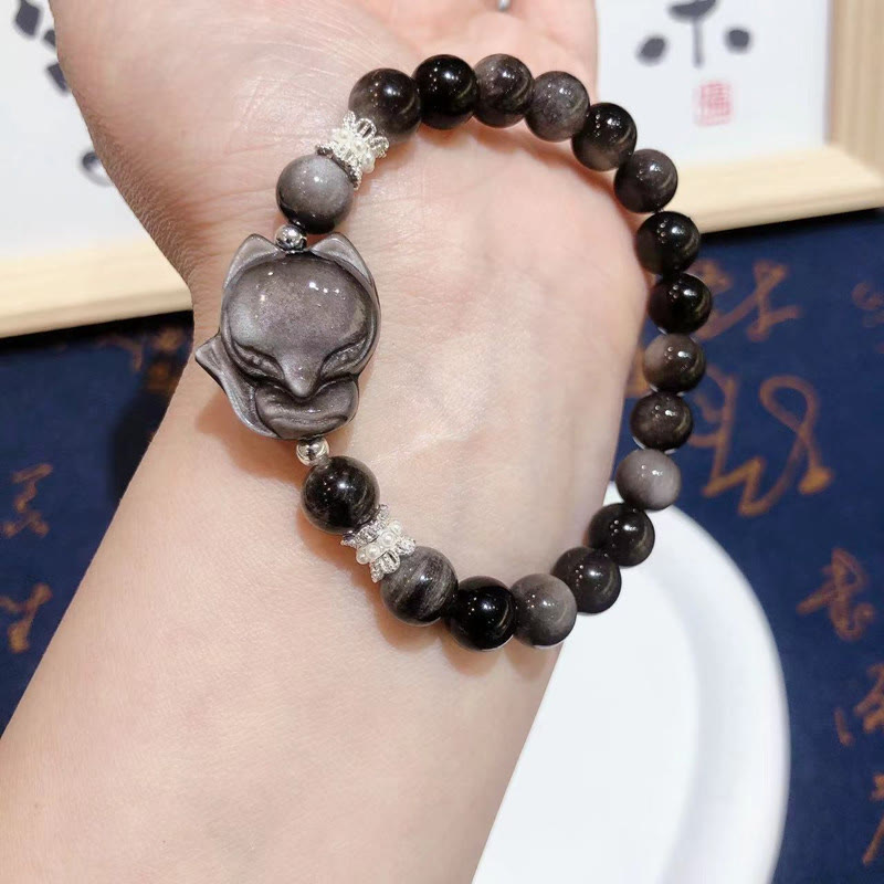 Bransoletka komunikacyjna z Buddha Stones Naturalny srebrny połysk Obsydian Dziewięcioogonowy lis