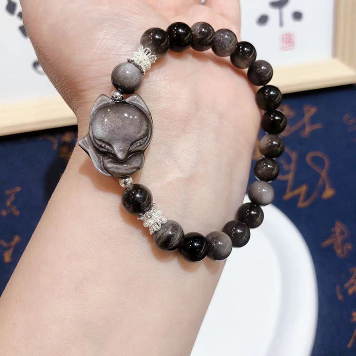Bransoletka komunikacyjna z Buddha Stones Naturalny srebrny połysk Obsydian Dziewięcioogonowy lis