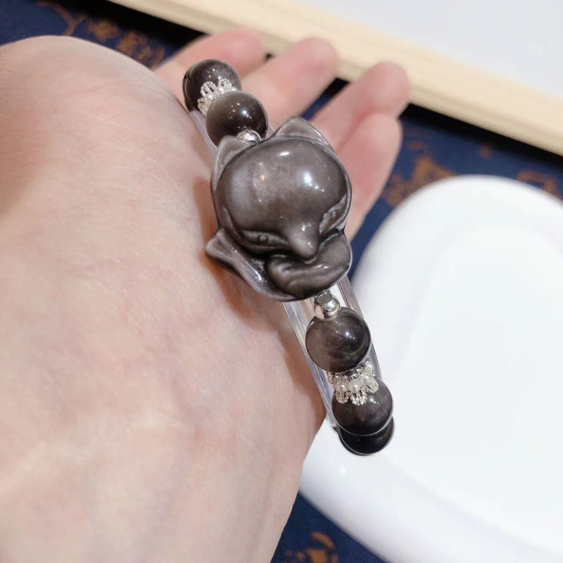 Bransoletka komunikacyjna z Buddha Stones Naturalny srebrny połysk Obsydian Dziewięcioogonowy lis