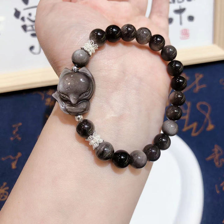 Bransoletka komunikacyjna z Buddha Stones Naturalny srebrny połysk Obsydian Dziewięcioogonowy lis