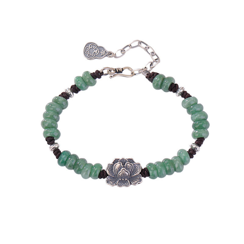 Buddha Stones Bransoletka z naturalnego jadeitu ze srebra próby 925, lotosu, szczęścia, pokoju i radości