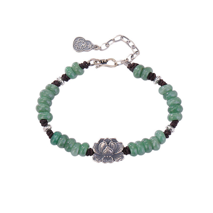 Buddha Stones Bransoletka z naturalnego jadeitu ze srebra próby 925, lotosu, szczęścia, pokoju i radości