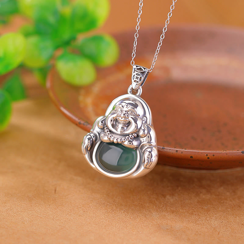 Buddha Stones 999 Srebro Sterling Śmiejący się Budda Cyjan Jade Lotus Naszyjnik Sukcesu Łańcuszek Wisiorek - Cyjanowy Jadeit (Sukces♥Uzdrawianie) - image 1