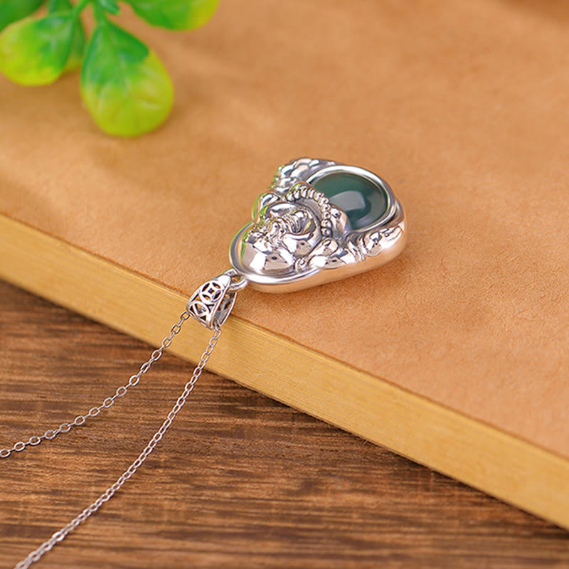 Buddha Stones 999 Srebro Sterling Śmiejący się Budda Cyjan Jade Lotus Naszyjnik Sukcesu Łańcuszek Wisiorek - image 3