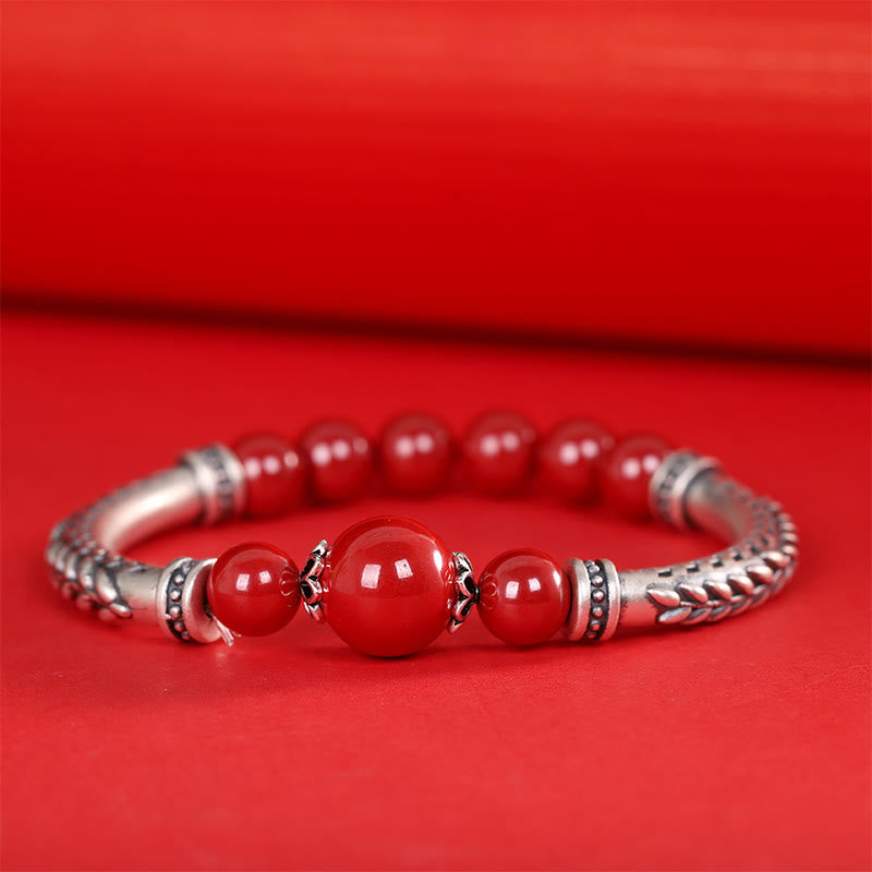 Bransoletka z Buddha Stones 999 Srebro Sterlingowe Kłosy Pszenicy Cynobrowej Błogosławieństwo