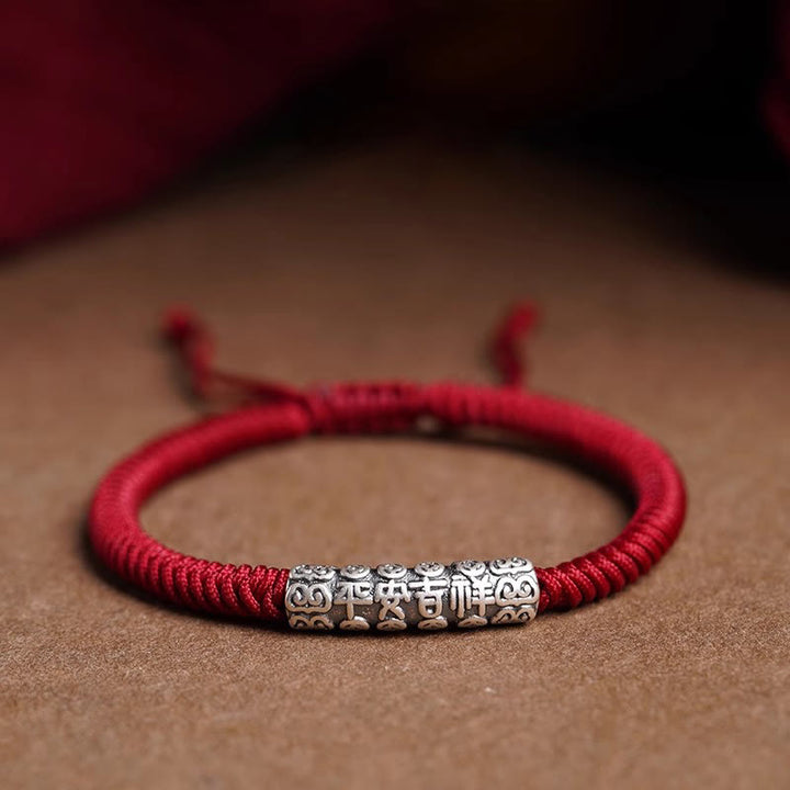 Buddha Stones Ręcznie robione 999 Srebro Sterlingowe Pokój i Szczęście Om Mani Padme Hum Bransoletka Sznurkowa