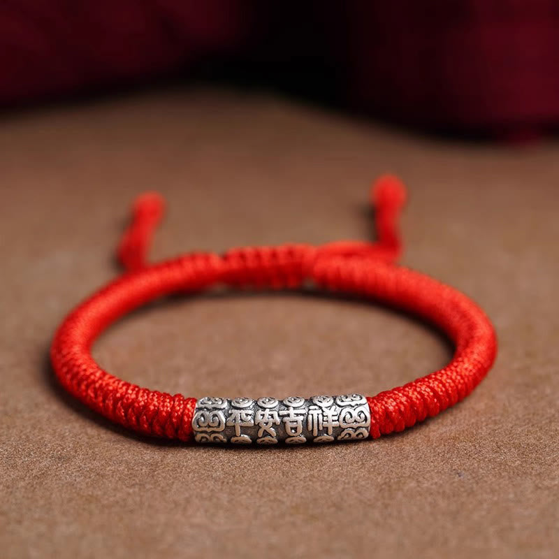 Buddha Stones Ręcznie robione 999 Srebro Sterlingowe Pokój i Szczęście Om Mani Padme Hum Bransoletka Sznurkowa