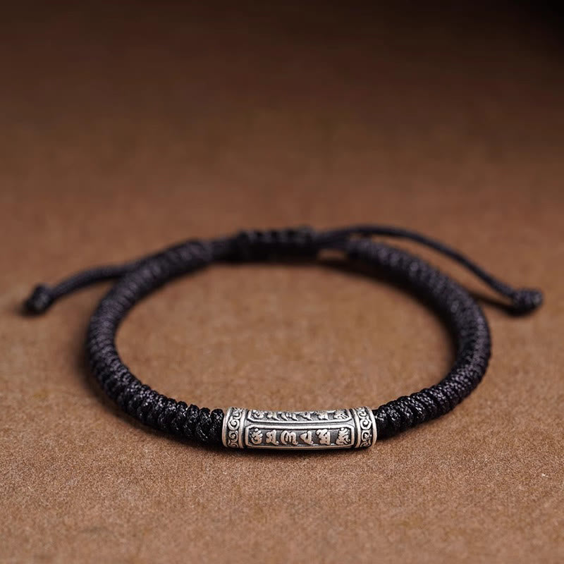 Buddha Stones Ręcznie robione 999 Srebro Sterlingowe Pokój i Szczęście Om Mani Padme Hum Bransoletka Sznurkowa - Czarny (obwód nadgarstka 14-20 cm) - Om Mani Padme Hum - image 19