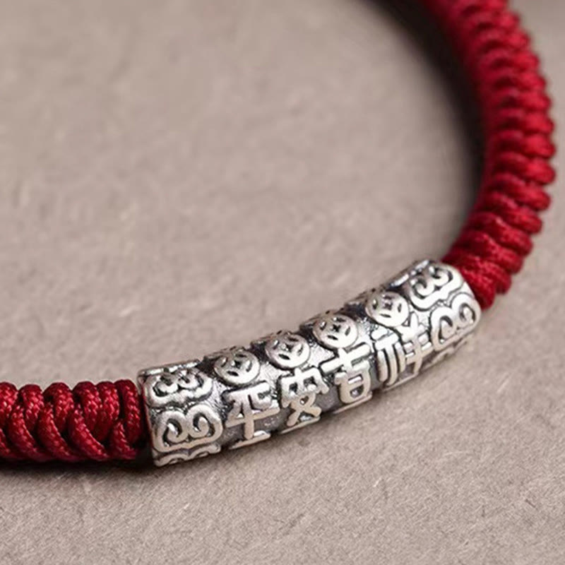 Buddha Stones Ręcznie robione 999 Srebro Sterlingowe Pokój i Szczęście Om Mani Padme Hum Bransoletka Sznurkowa