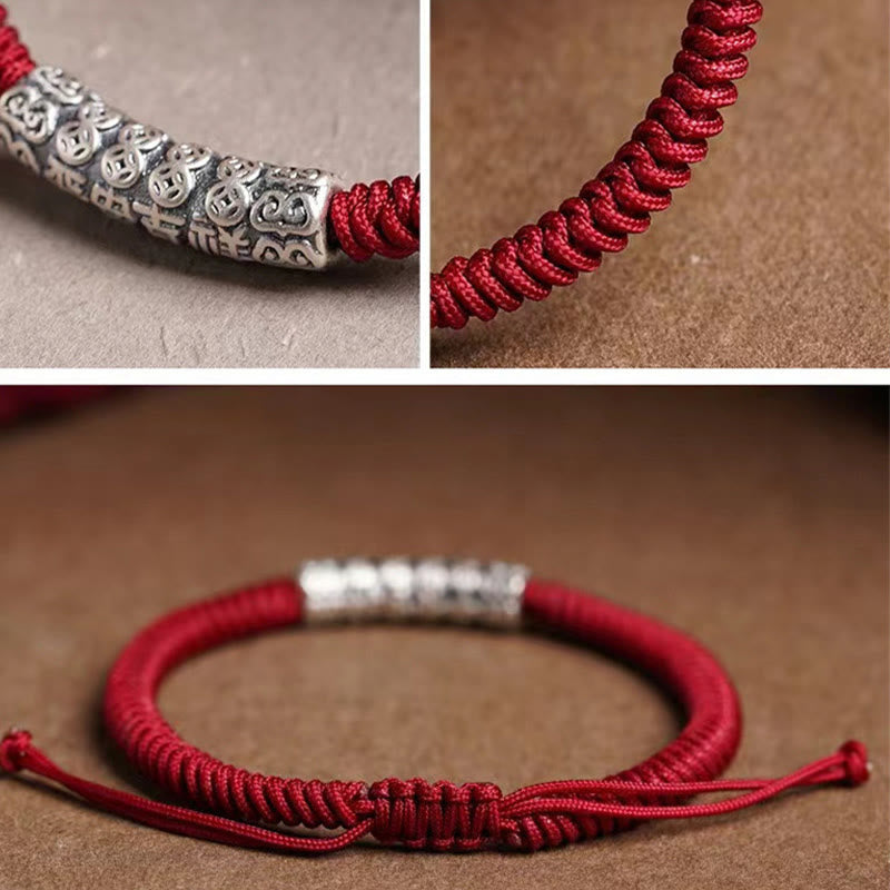 Buddha Stones Ręcznie robione 999 Srebro Sterlingowe Pokój i Szczęście Om Mani Padme Hum Bransoletka Sznurkowa - image 13