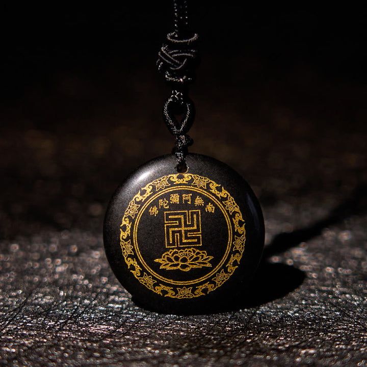 Buddha Stones Swastyka Wzór Lotosu Naturalny Różnorodny Kryształ Czarny Obsydian Oczyszczający Naszyjnik Wisiorek