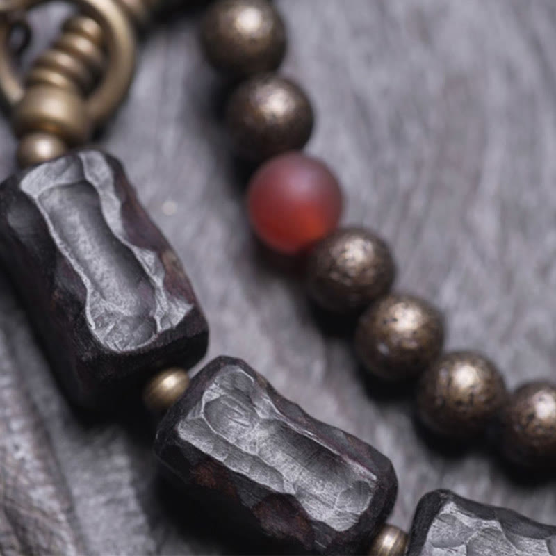 Bransoletka Buddha Stones Ebony Drewno Miedź Mosiądz Czerwony Agat Pokój Podwójne Owijanie