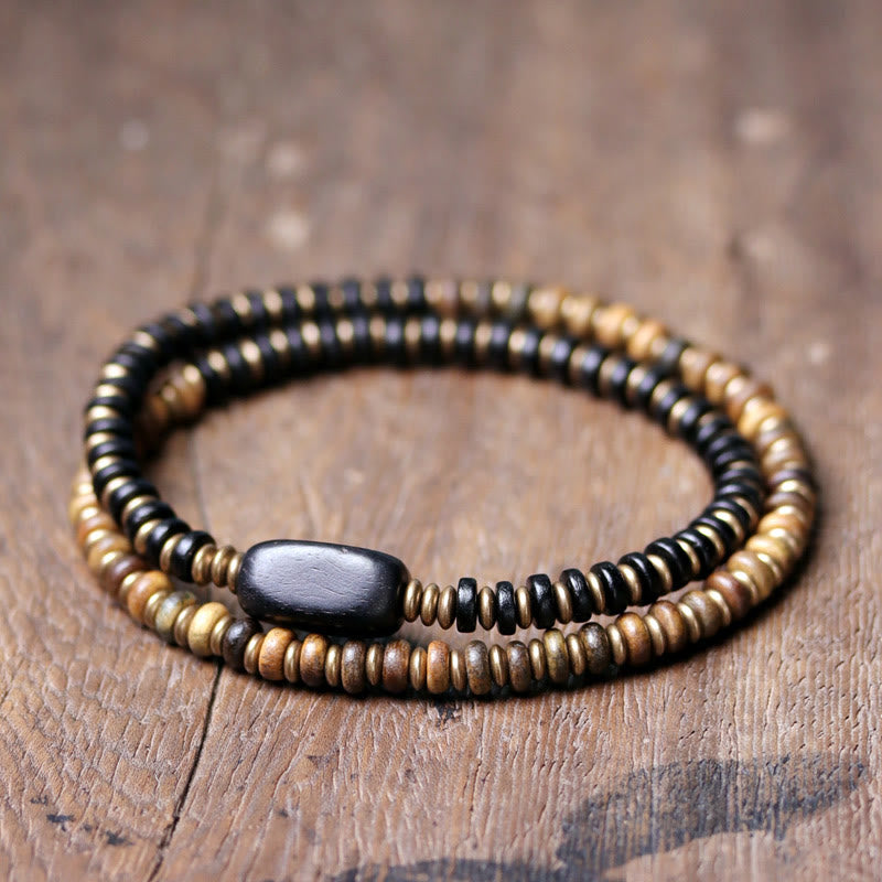 Buddha Stones Ebony Wood Green Sandalwood Copper Brass Calm Double Wrap