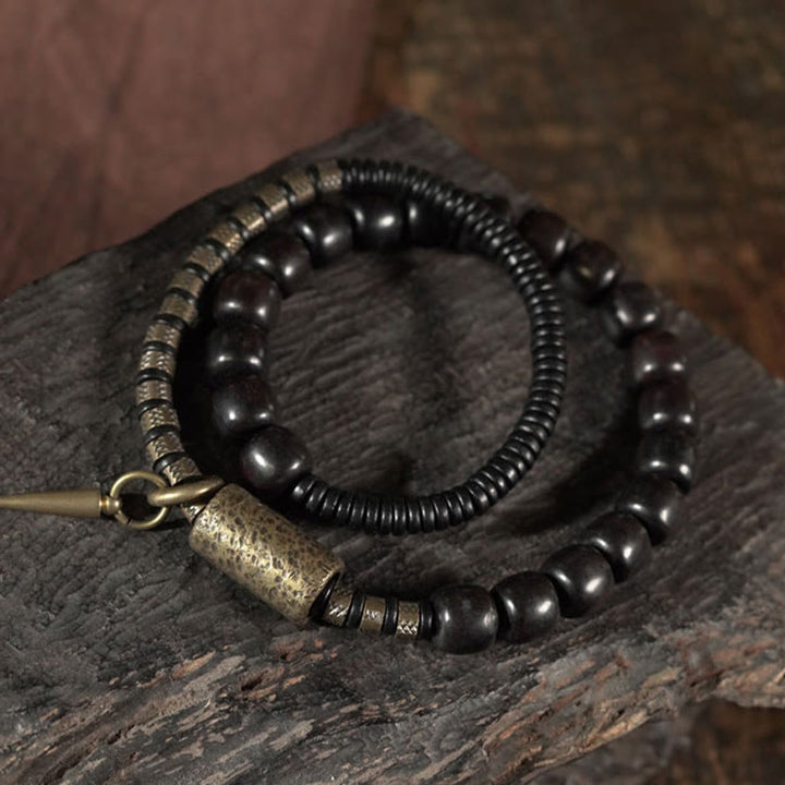Buddha Stones Drewno hebanowe Miedź Mosiądz Vintage Koraliki Stożek Podwójne Owijanie Równowagi Bransoletka