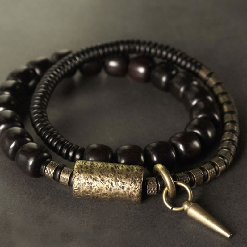 Buddha Stones Drewno hebanowe Miedź Mosiądz Vintage Koraliki Stożek Podwójne Owijanie Równowagi Bransoletka