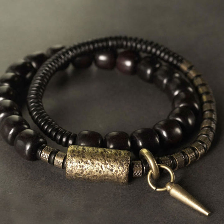 Buddha Stones Drewno hebanowe Miedź Mosiądz Vintage Koraliki Stożek Podwójne Owijanie Równowagi Bransoletka