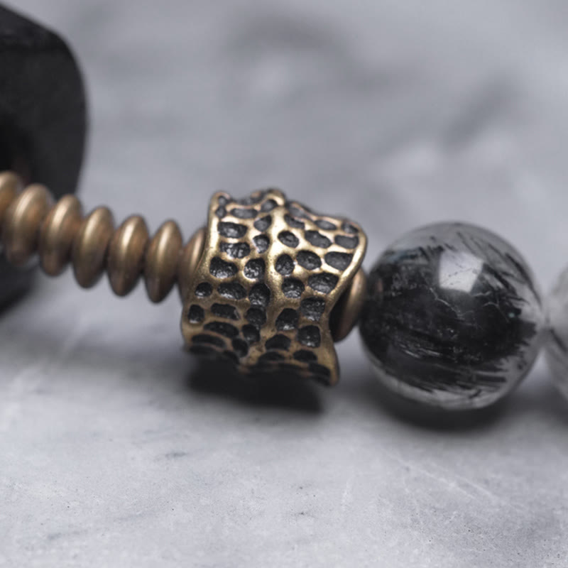 Buddha Stones Drewno hebanowe Czarny kwarc rutylowy Miedź Mosiądz Podwójnie owinięta bransoletka równowagi