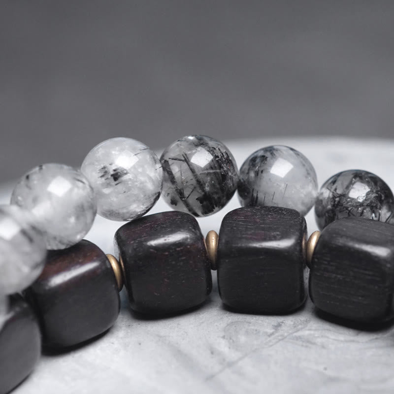 Buddha Stones Drewno hebanowe Czarny kwarc rutylowy Miedź Mosiądz Podwójnie owinięta bransoletka równowagi