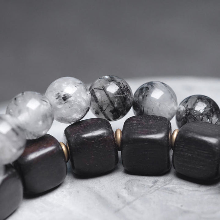 Buddha Stones Drewno hebanowe Czarny kwarc rutylowy Miedź Mosiądz Podwójnie owinięta bransoletka równowagi