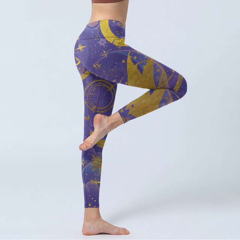 Buddha Stones Księżyc Słońce Gwiazdy Nadruk Leginsy do ćwiczeń Damskie Spodnie do jogi - image 3