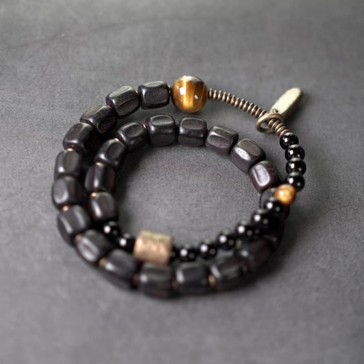 Bransoletka Buddha Stones Ebony Drewno Miedź Mosiądz Tygrysie Oko Pokój Podwójne Owijanie