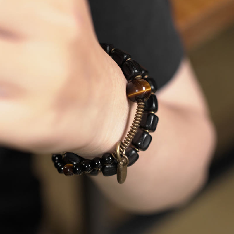 Bransoletka Buddha Stones Ebony Drewno Miedź Mosiądz Tygrysie Oko Pokój Podwójne Owijanie