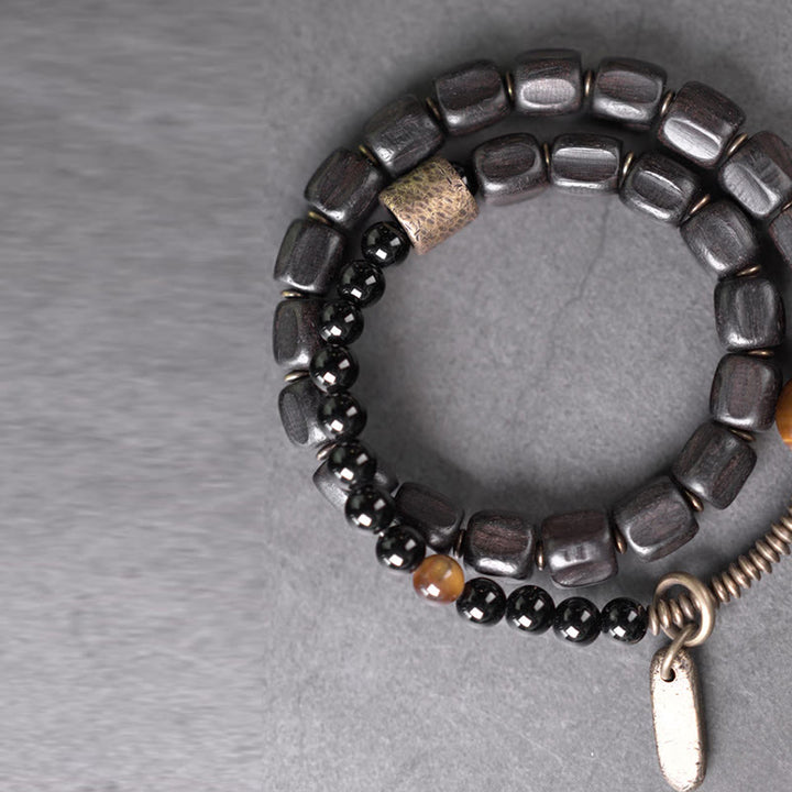 Bransoletka Buddha Stones Ebony Drewno Miedź Mosiądz Tygrysie Oko Pokój Podwójne Owijanie