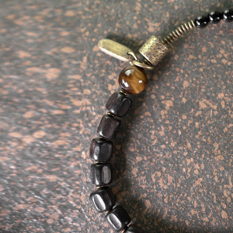 Bransoletka Buddha Stones Ebony Drewno Miedź Mosiądz Tygrysie Oko Pokój Podwójne Owijanie
