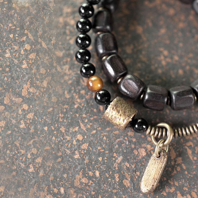 Bransoletka Buddha Stones Ebony Drewno Miedź Mosiądz Tygrysie Oko Pokój Podwójne Owijanie