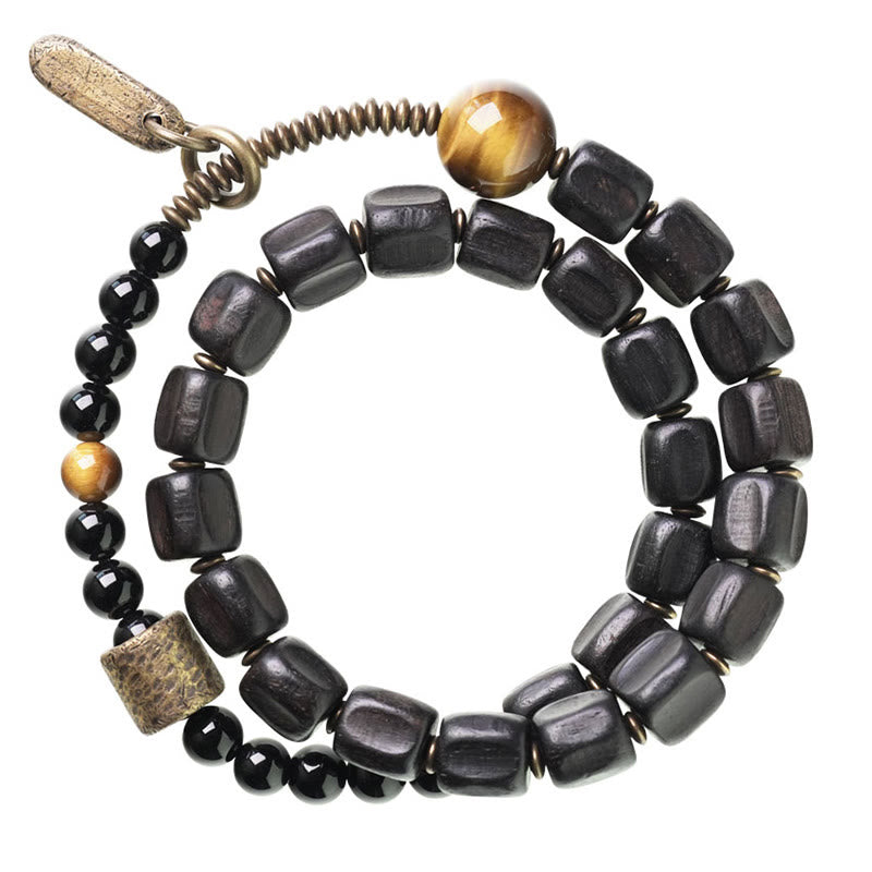Bransoletka Buddha Stones Ebony Drewno Miedź Mosiądz Tygrysie Oko Pokój Podwójne Owijanie