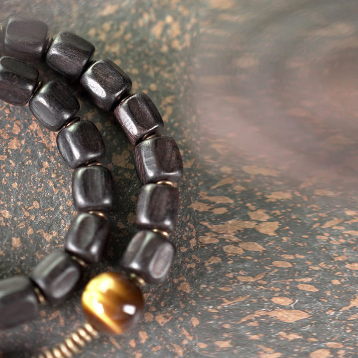Bransoletka Buddha Stones Ebony Drewno Miedź Mosiądz Tygrysie Oko Pokój Podwójne Owijanie