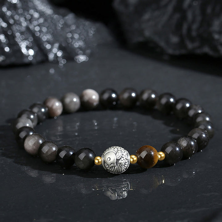 Buddha Stones Czarny Obsydian 999 Srebro Sterlingowe Tygrysie Oko 925 Srebro Sterlingowe Bransoletka Oczyszczająca Rybę Koi