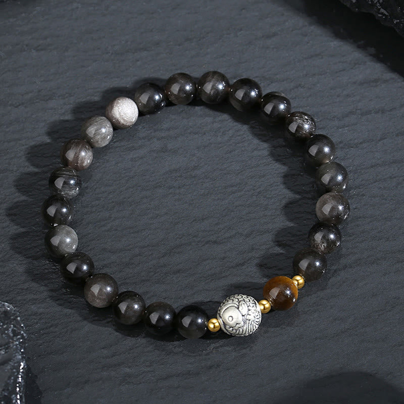 Buddha Stones Czarny Obsydian 999 Srebro Sterlingowe Tygrysie Oko 925 Srebro Sterlingowe Bransoletka Oczyszczająca Rybę Koi