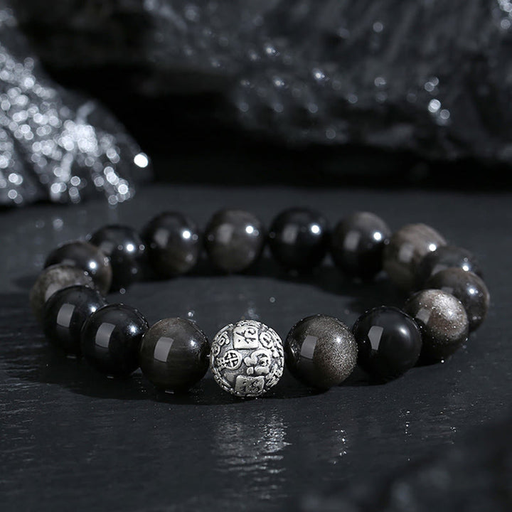 Bransoletka oczyszczająca Fu Buddha Stones z czarnego obsydianu ze srebra próby 999, transformująca charakter