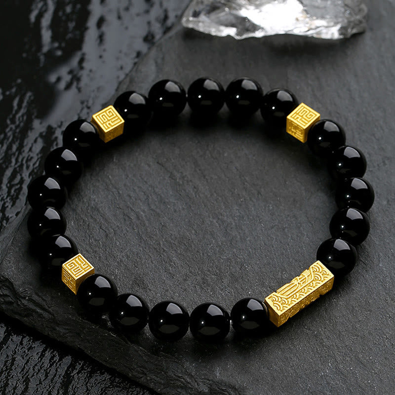 Bransoletka Buddha Stones Czarny Obsydian 925 Srebro Sterling Fu Character Cube Strength