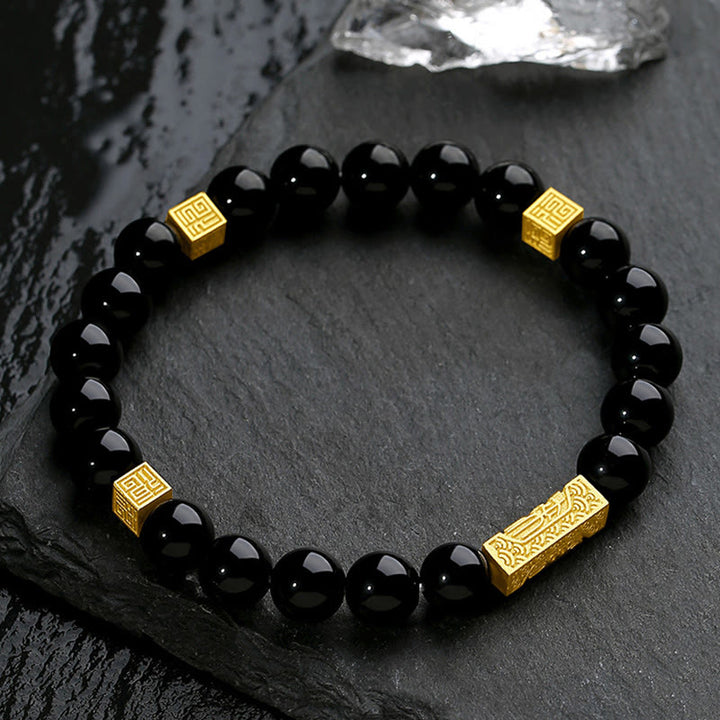 Bransoletka Buddha Stones Czarny Obsydian 925 Srebro Sterling Fu Character Cube Strength