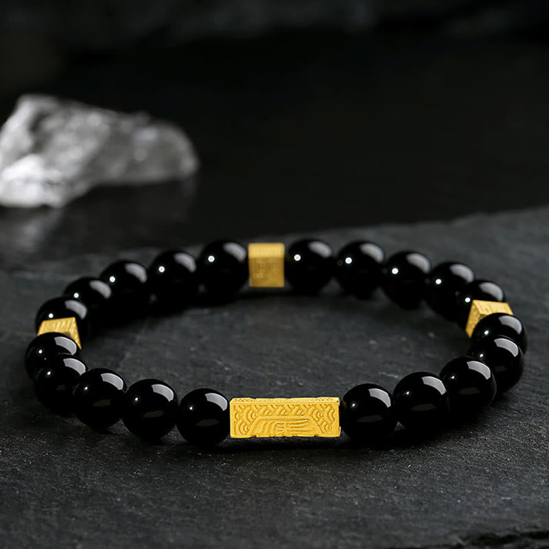 Bransoletka Buddha Stones Czarny Obsydian 925 Srebro Sterling Fu Character Cube Strength - image 1
