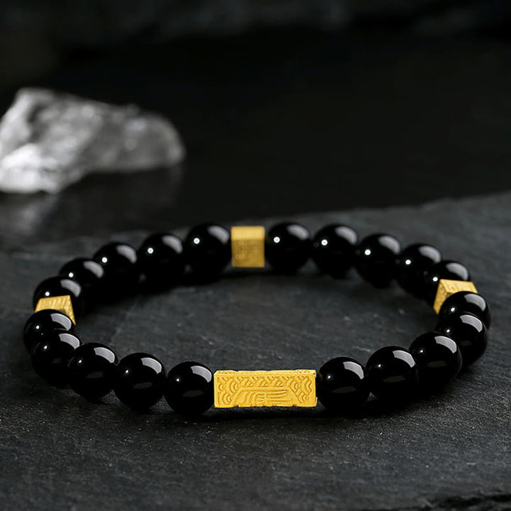 Bransoletka Buddha Stones Czarny Obsydian 925 Srebro Sterling Fu Character Cube Strength - image 1